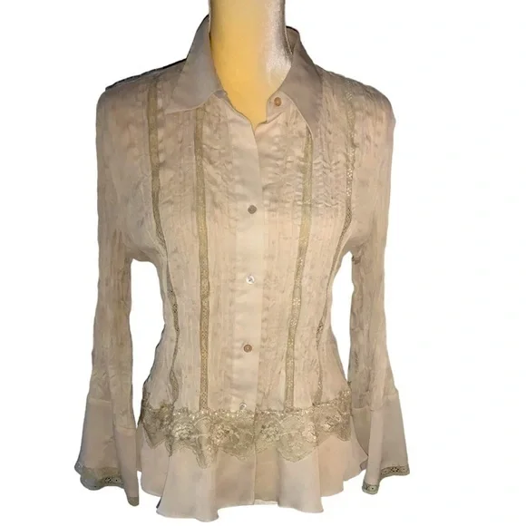 Vintage Tailor B Moss Beige/Tan Button Down Sheer Blouse with Lace Boho Medium - Picture 1 of 10